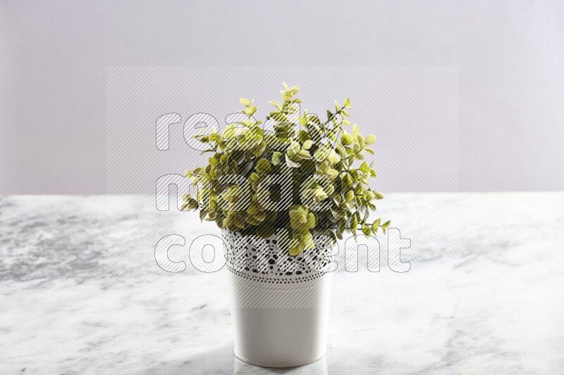 Green artificial plant in white decorative pot on grey marble background