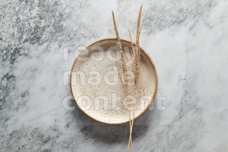Wheat stalks on multicolored pottery plate on grey marble background