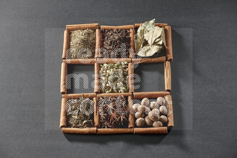9 squares of cinnamon sticks full of cardamom in the middle surrounded by nutmeg, cinnamon, bay laurel leaves, cloves, cumin, dried ginger, dried basil and star anise on black flooring