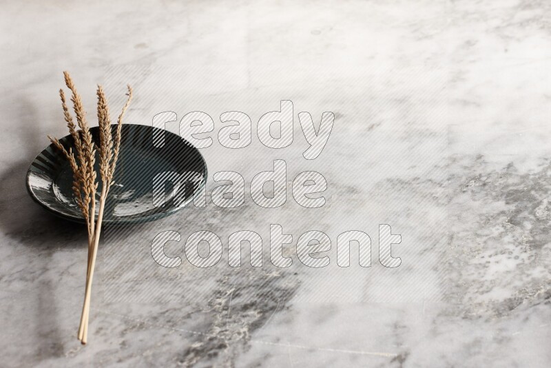 Wheat stalks on multicolored pottery plate on grey marble background