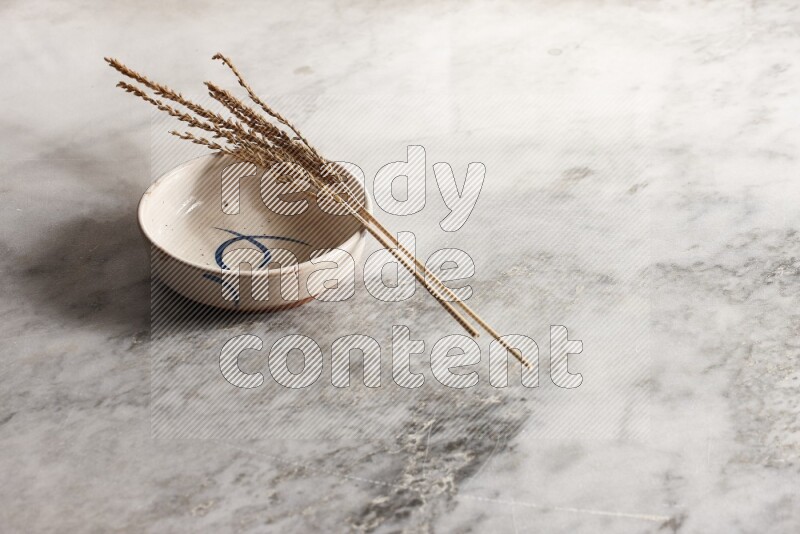 Wheat stalks on multicolored pottery bowl on grey marble background