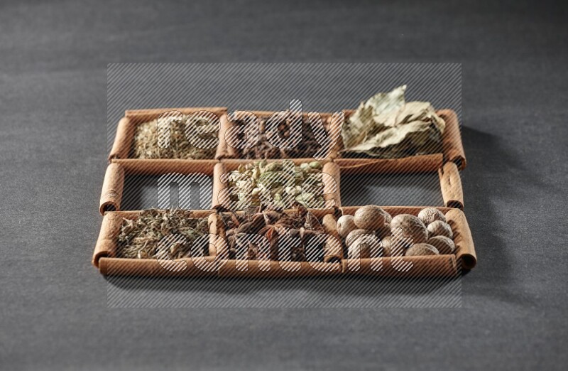 9 squares of cinnamon sticks full of cardamom in the middle surrounded by nutmeg, cinnamon, bay laurel leaves, cloves, cumin, dried ginger, dried basil and star anise on black flooring