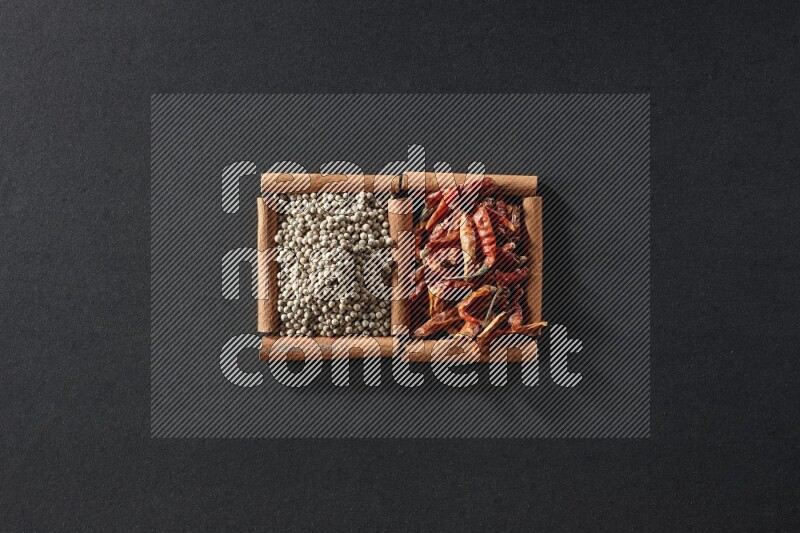 مربعان من أعواد القرفة ممتلئان بالفلفل الحار المجفف وحبوب الفلفل الأبيض علي خلفية سوداء