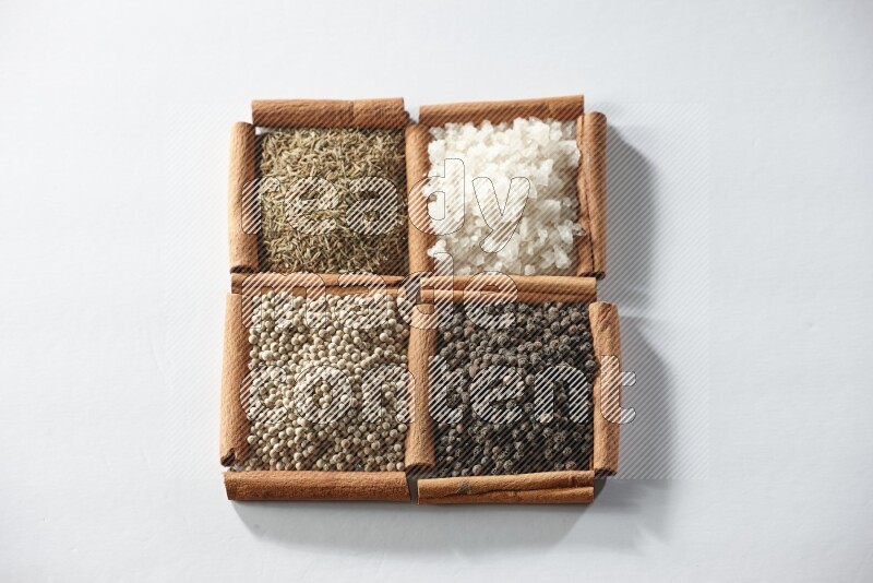 4 squares of cinnamon sticks full of cumin, salt, white pepper and black pepper on white flooring