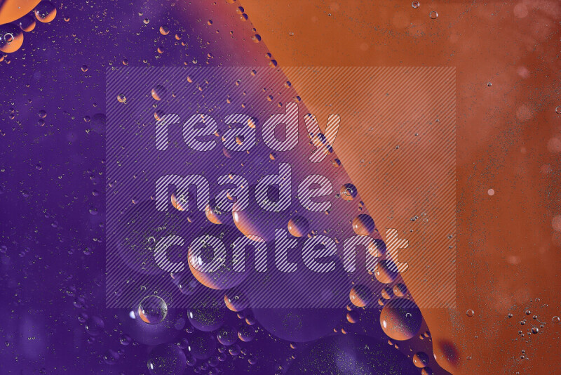Close-ups of abstract oil bubbles on water surface in shades of orange and purple