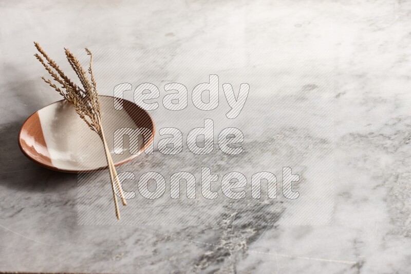 Wheat stalks on multicolored pottery plate on grey marble background