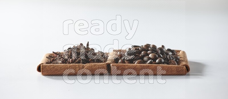2 squares of cinnamon sticks full of coffee beans and cloves on white flooring