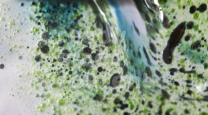 Close-ups of abstract green and blue watercolor drops on oil Surface on white background