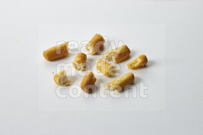 Assorted snacks on white background