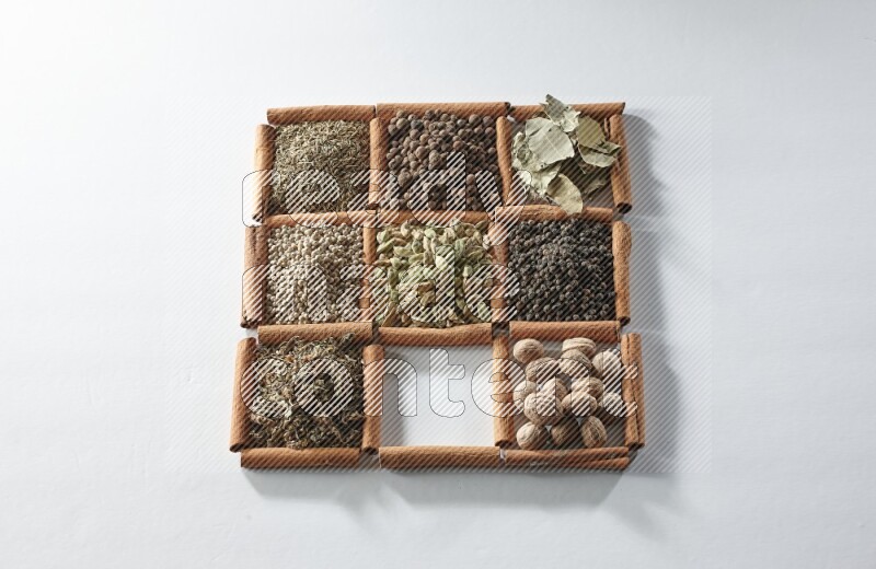 9 squares of cinnamon sticks full of cardamom in the middle surrounded by nutmeg, salt, dried basil, white pepper, cumin, allspice, bay laurel leaves and black pepper on white flooring