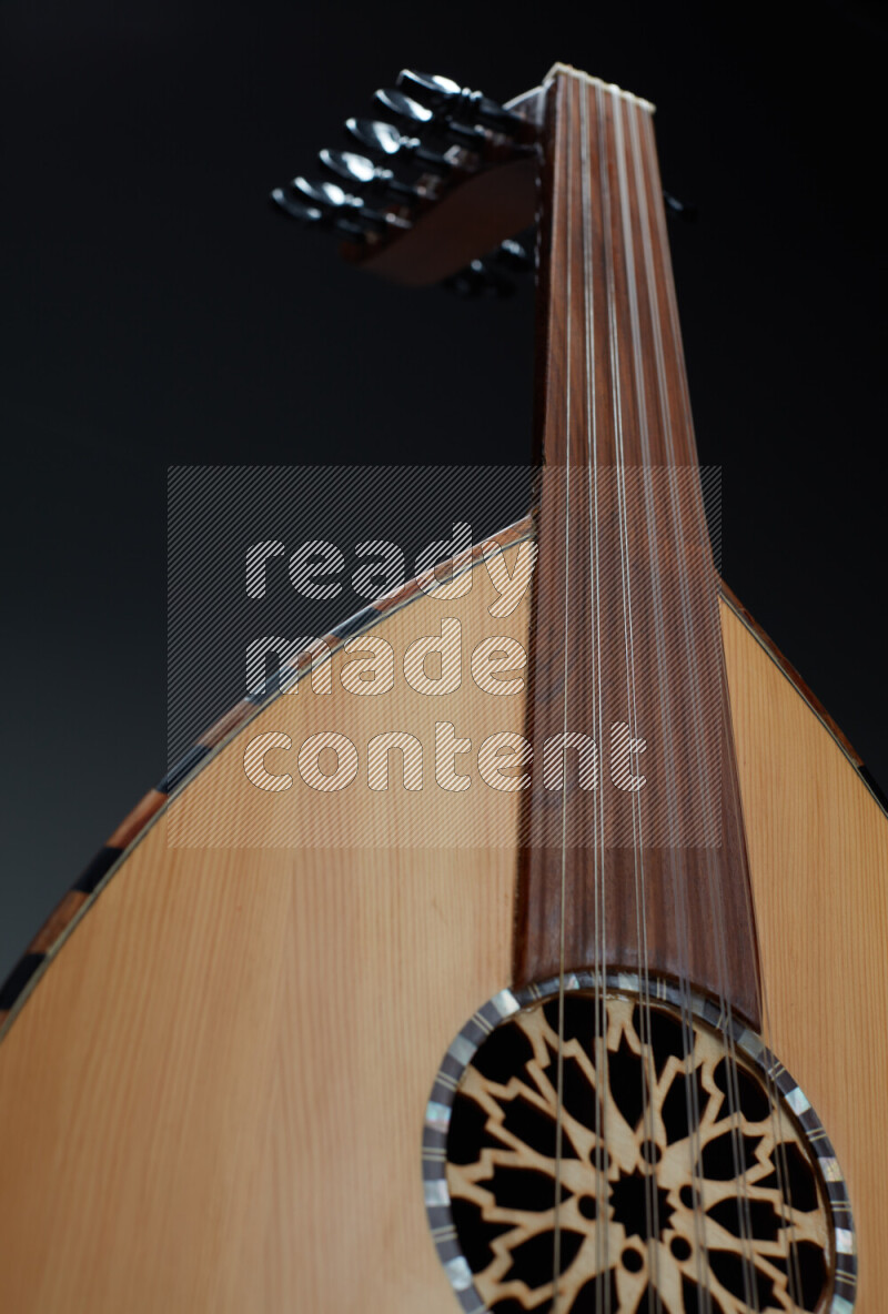 parts of a brown wooden Oud in a gray background
