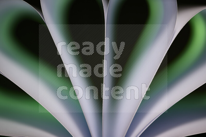 An abstract art piece displaying smooth curves in green and white gradients created by colored light