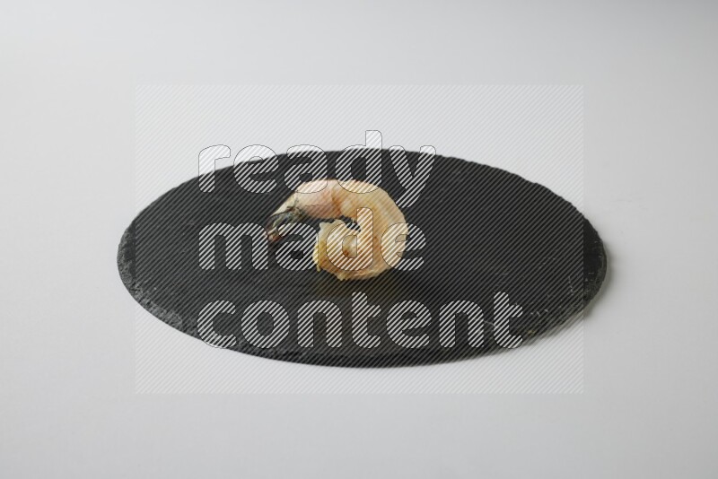 one  grilled shrimp  on a black slate direct  on a white back ground