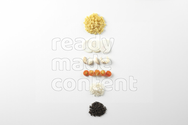 Red sauce pasta recipes ingredients on white background