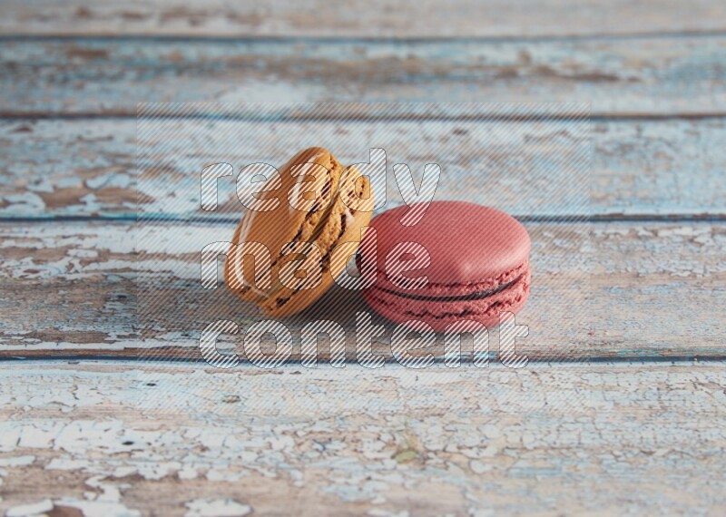 45º Shot of of two assorted Brown Irish Cream, and Pink Raspberry macarons on light blue background