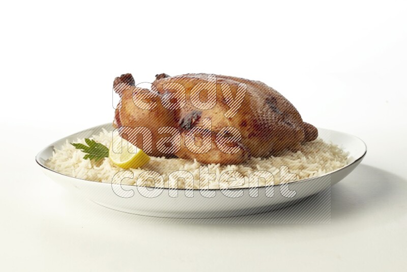 white  basmati Rice with  whole roasted chicken  on a white plate with a silver rim direct  on white background