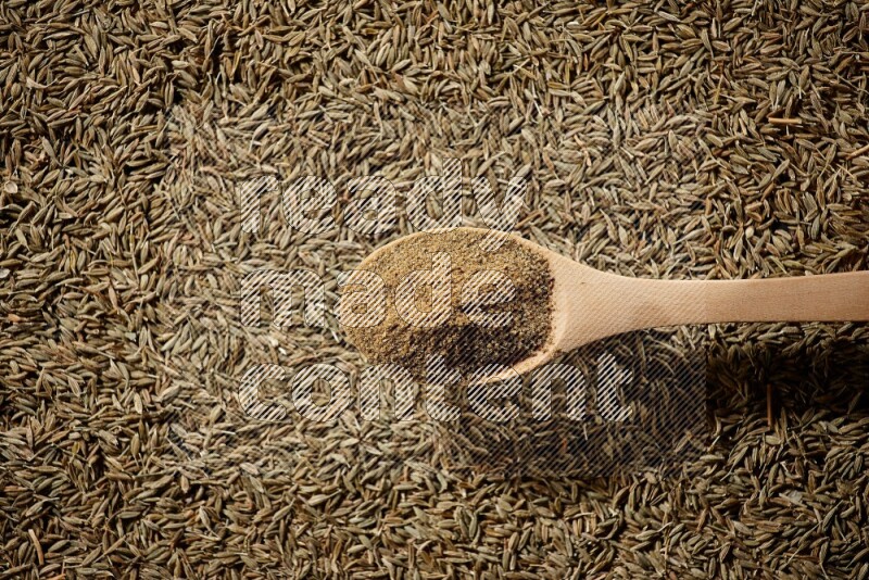A wooden spoon full of cumin powder on a cumin seeds background