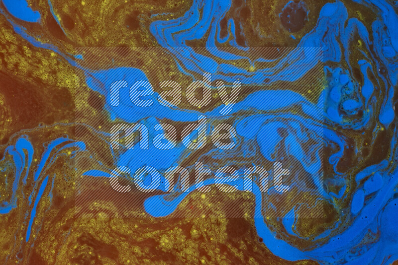 The image depicts a marbling effect with swirling patterns of red, blue and yellow