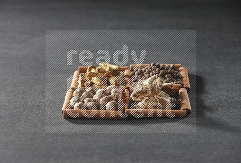 4 squares of cinnamon sticks full of turmeric fingers, allspice, dried ginger and nutmegs on black flooring