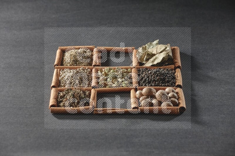 9 squares of cinnamon sticks full of cardamom in the middle surrounded by nutmeg, black pepper, bay laurel leaves, allspice, cumin, white pepper, dried basil and salt on black flooring