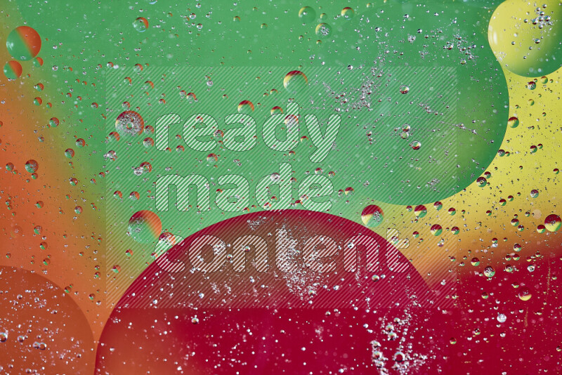 Close-ups of abstract oil bubbles on water surface in multicolors