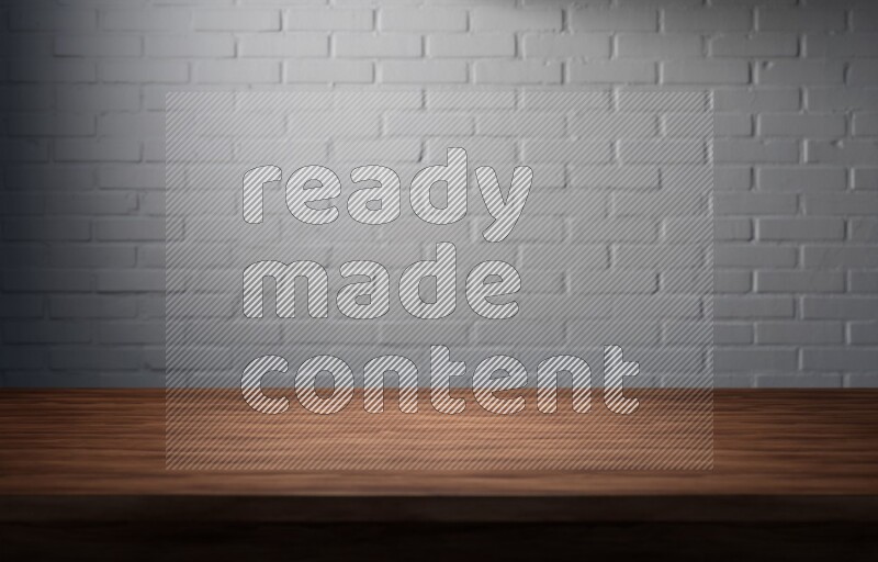 A wooden table top with colored brick wall background