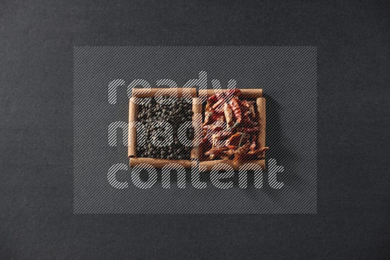 مربعان من أعواد القرفة ممتلئان بالفلفل الحار المجفف وحبوب الفلفل الأسود علي خلفية سوداء