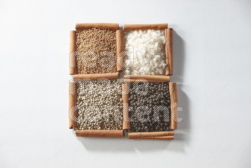 4 مربعات من أعواد القرفة ممتلئة بالخردل والملح والفلفل الأبيض والفلفل الأسود على أرضية بيضاء