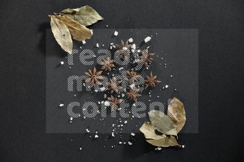 الملح واليانسون النجمي وورق الغار على خلفية سوداء