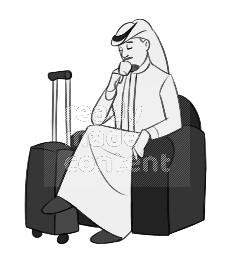 Saudi man drinking setting on an armchair by cabin suitcase different angles eye level