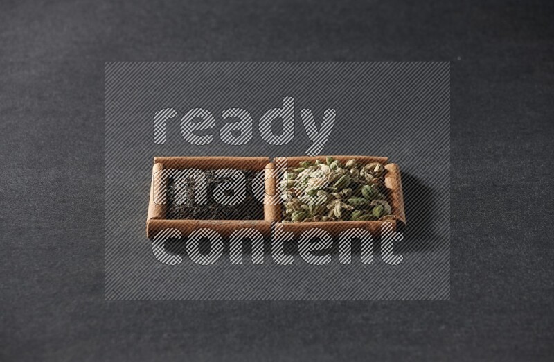 مربعان من أعواد القرفة ممتلئان بحبوب الهيل والشاي الأسود علي خلفية سوداء