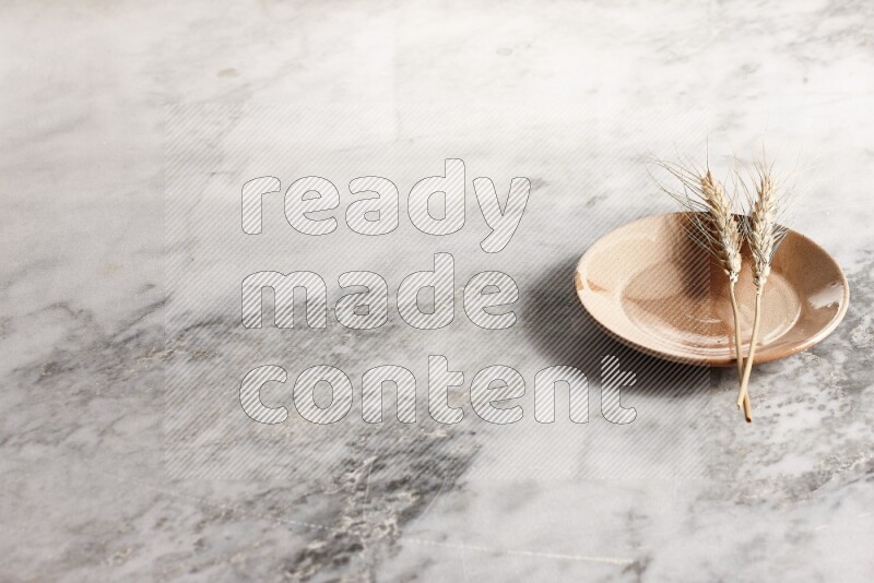 Wheat stalks on multicolored pottery plate on grey marble background