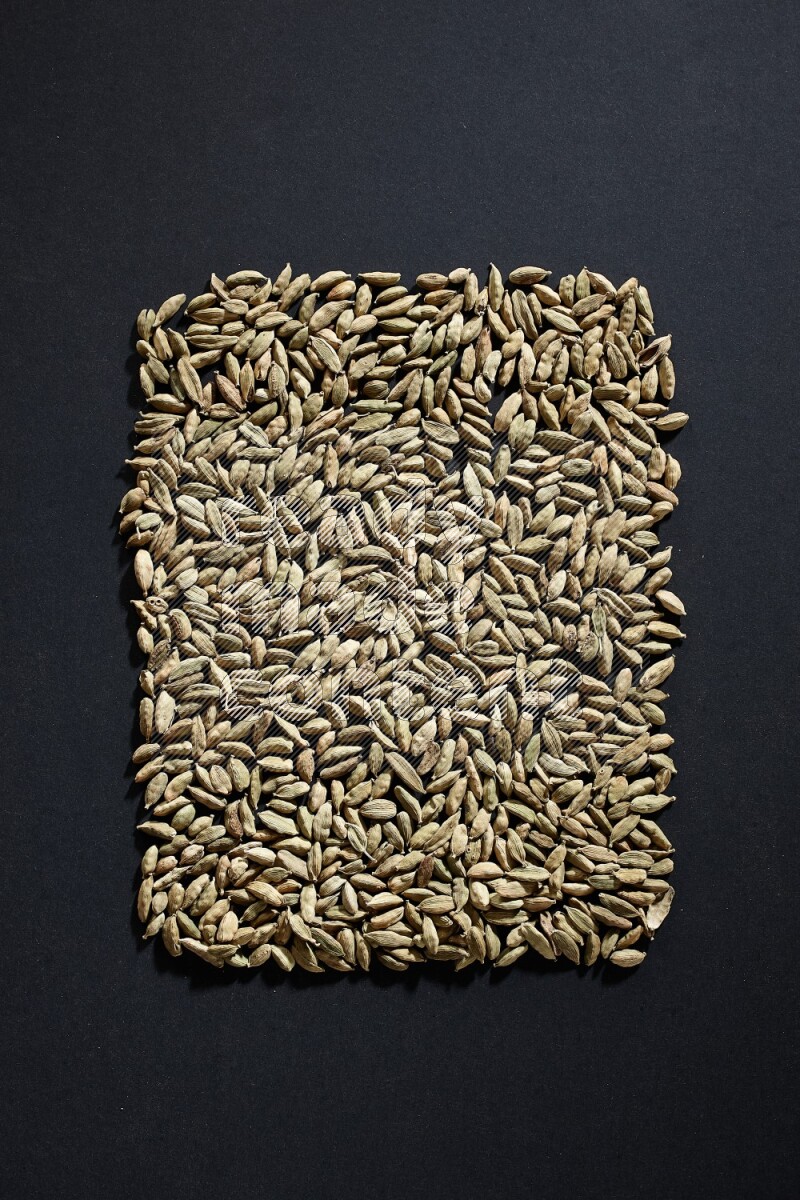 Cardamom in a rectangle shape on black flooring