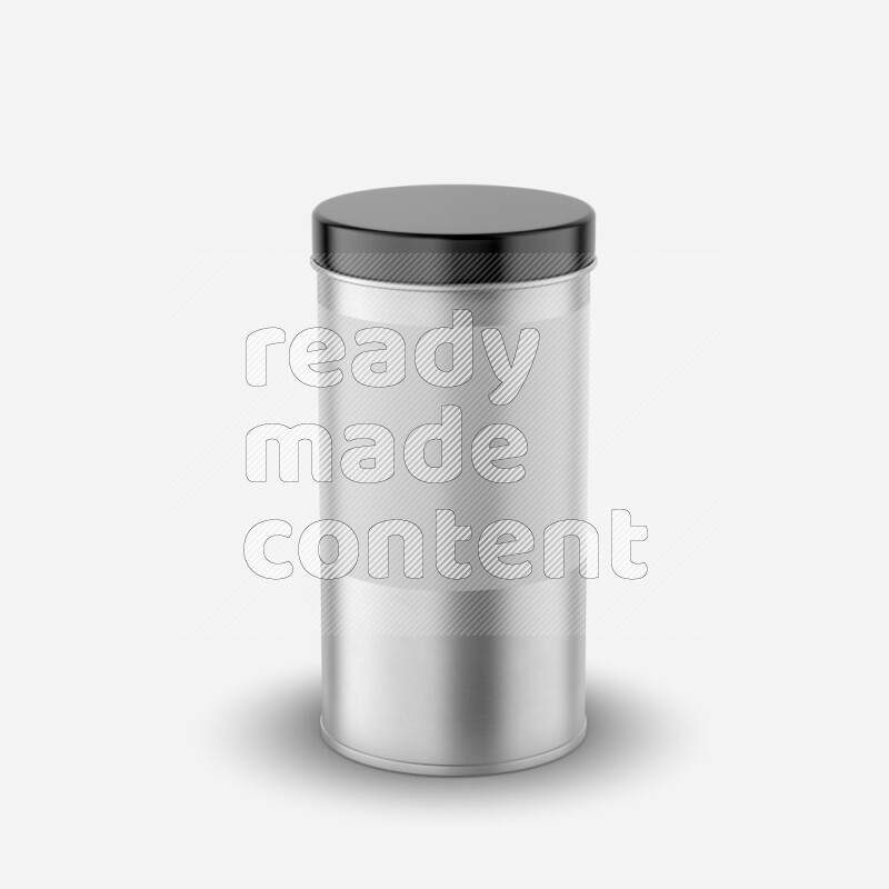 Glossy metal tin can mockup with black metal lid and label isolated on white background 3d rendering