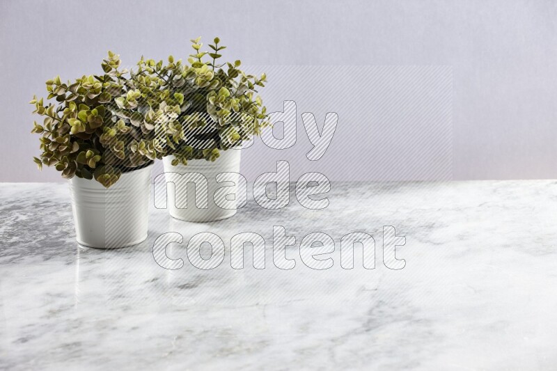 Two green artificial plants in white pot on grey marble background