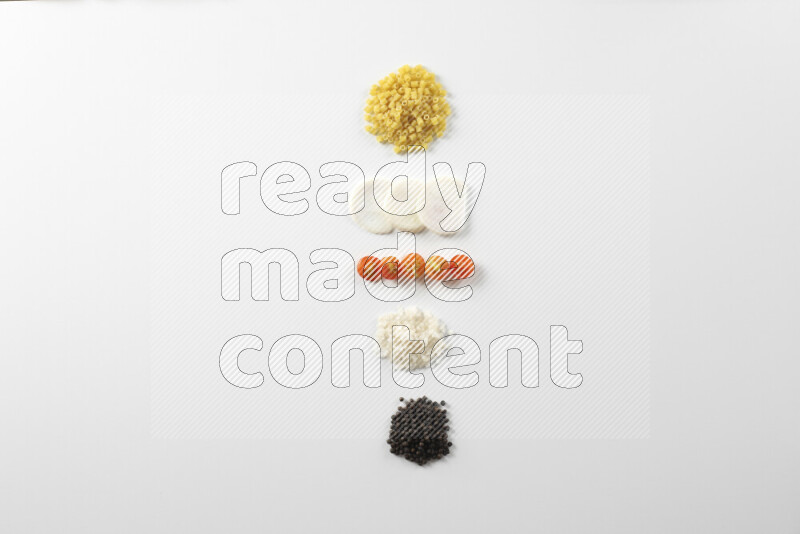 Red sauce pasta recipes ingredients on white background