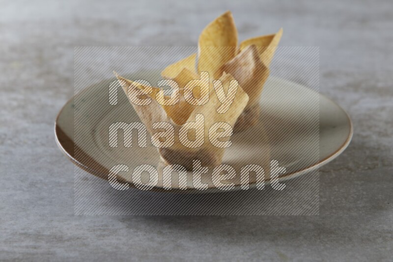 wonton cups with soy sauce ramkin on multi colored pottery on grey textured counter top