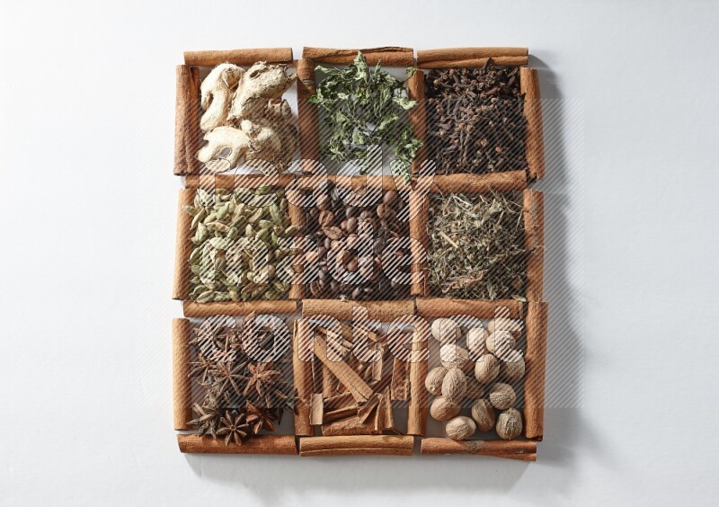 9 squares of cinnamon sticks full of coffee beans in the middle surrounded by dried mint, dried ginger, cardamom, star anise, cinnamon, nutmeg, dried basil and cloves on white flooring