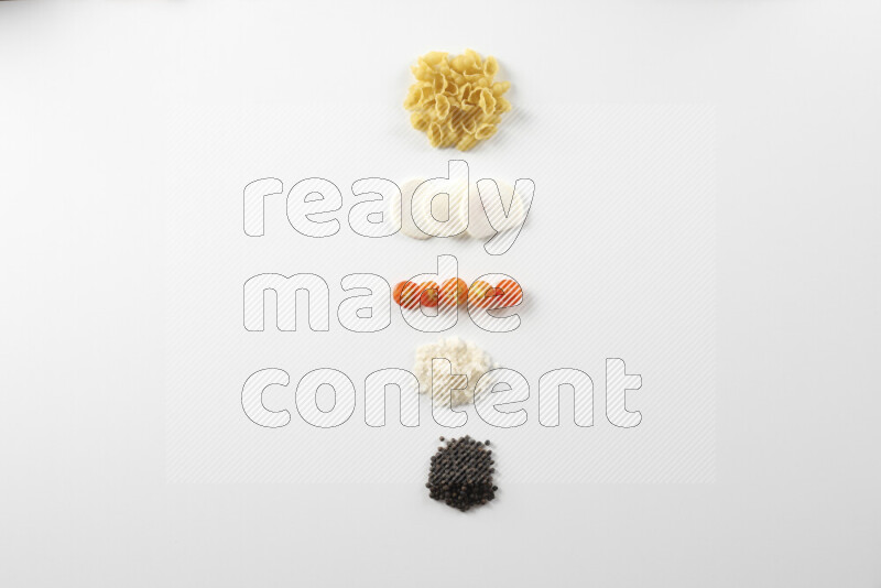 Red sauce pasta recipes ingredients on white background