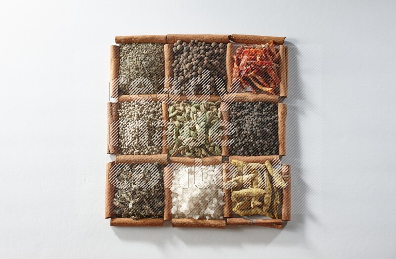 9 مربعات من أعواد القرفة ممتلئة بالهيل في المنتصف محاطة بأصابع الكركم والملح والريحان المجفف والفلفل الأبيض والكمون وبهار الفلفل الحلو والفلفل الحار المجفف والفلفل الأسود على أرضية بيضاء