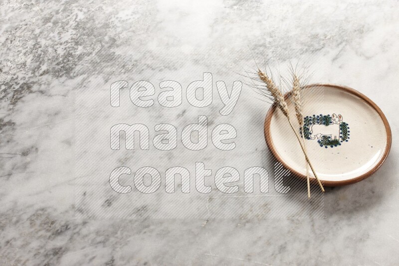 Wheat stalks on decorative pottery plate on grey marble background