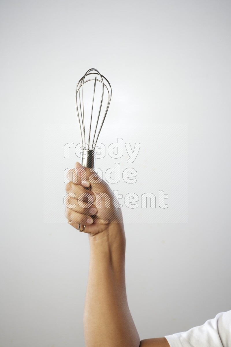 Male Hand Holding Whisk on white background