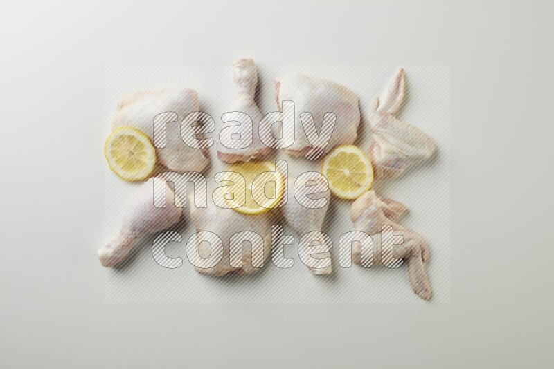 Mixed fresh chicken pieces direct on a white background