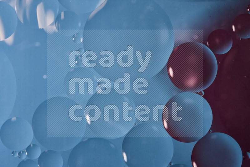 Close-ups of abstract oil bubbles on water surface in shades of blue and purple