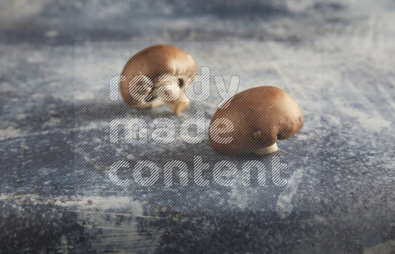 45 degre cremini  mushrooms on a textured rustic blue background