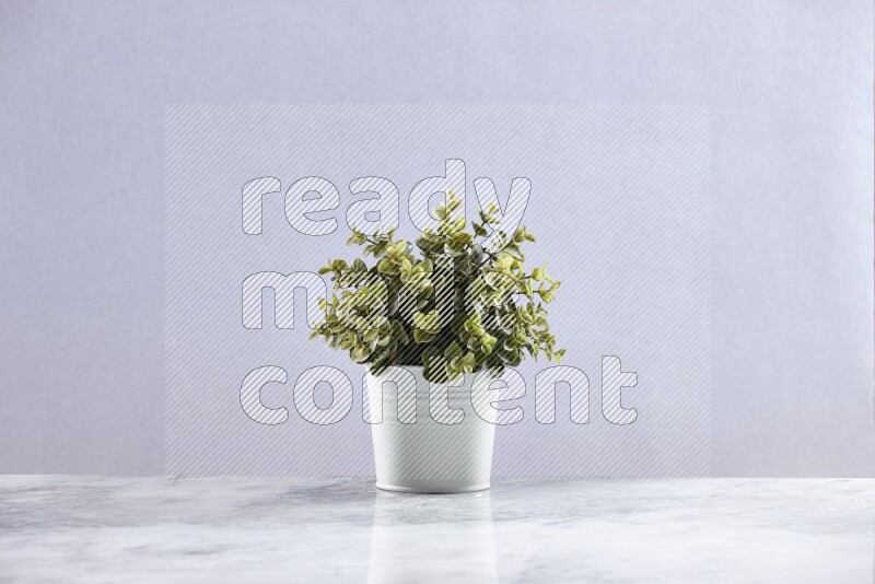 Green artificial plant in white pot on grey marble background