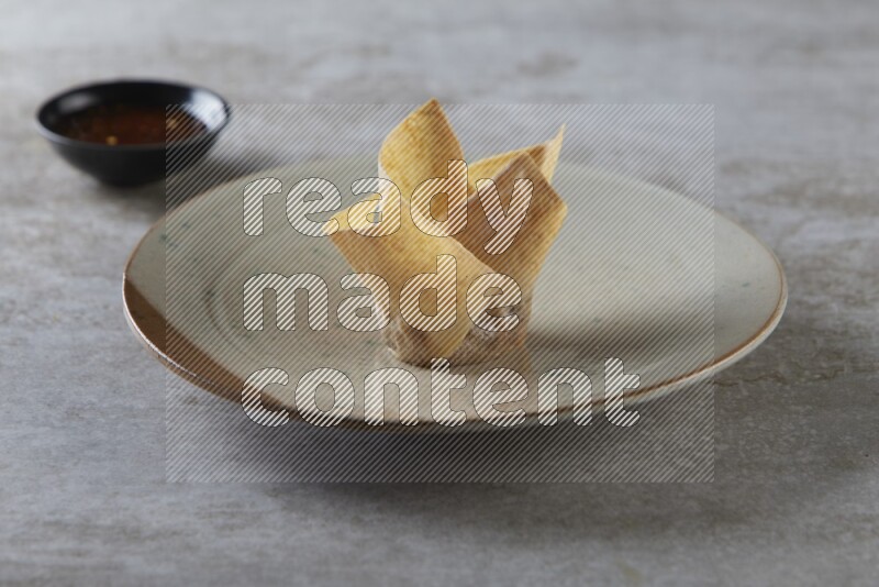 wonton cups with soy sauce ramkin on multi colored pottery on grey textured counter top