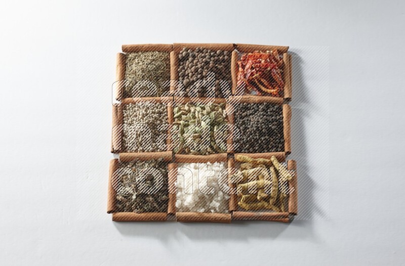 9 squares of cinnamon sticks full of cardamom in the middle surrounded by turmeric, salt, dried basil, white pepper, cumin, allspice, red dried chilis and black pepper on white flooring
