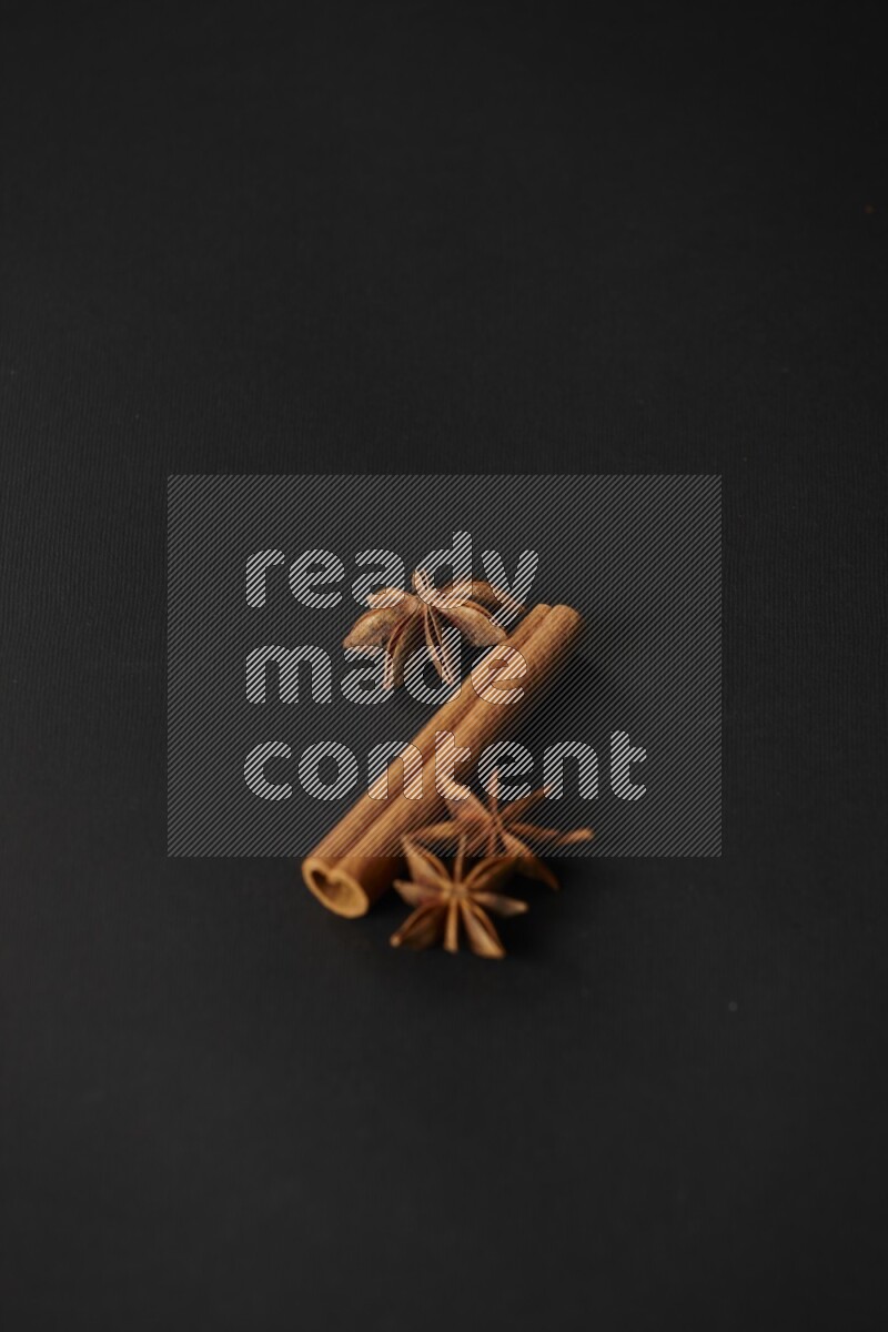 Star Anise herb and a cinnamon stick on a black background