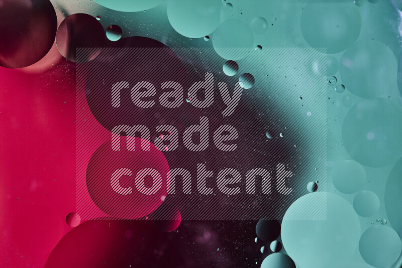 Close-ups of abstract oil bubbles on water surface in shades of green and red